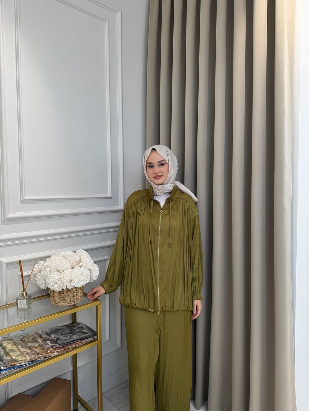 ALMARWAH Saten Üçlü Pantolon Takım Yeşil