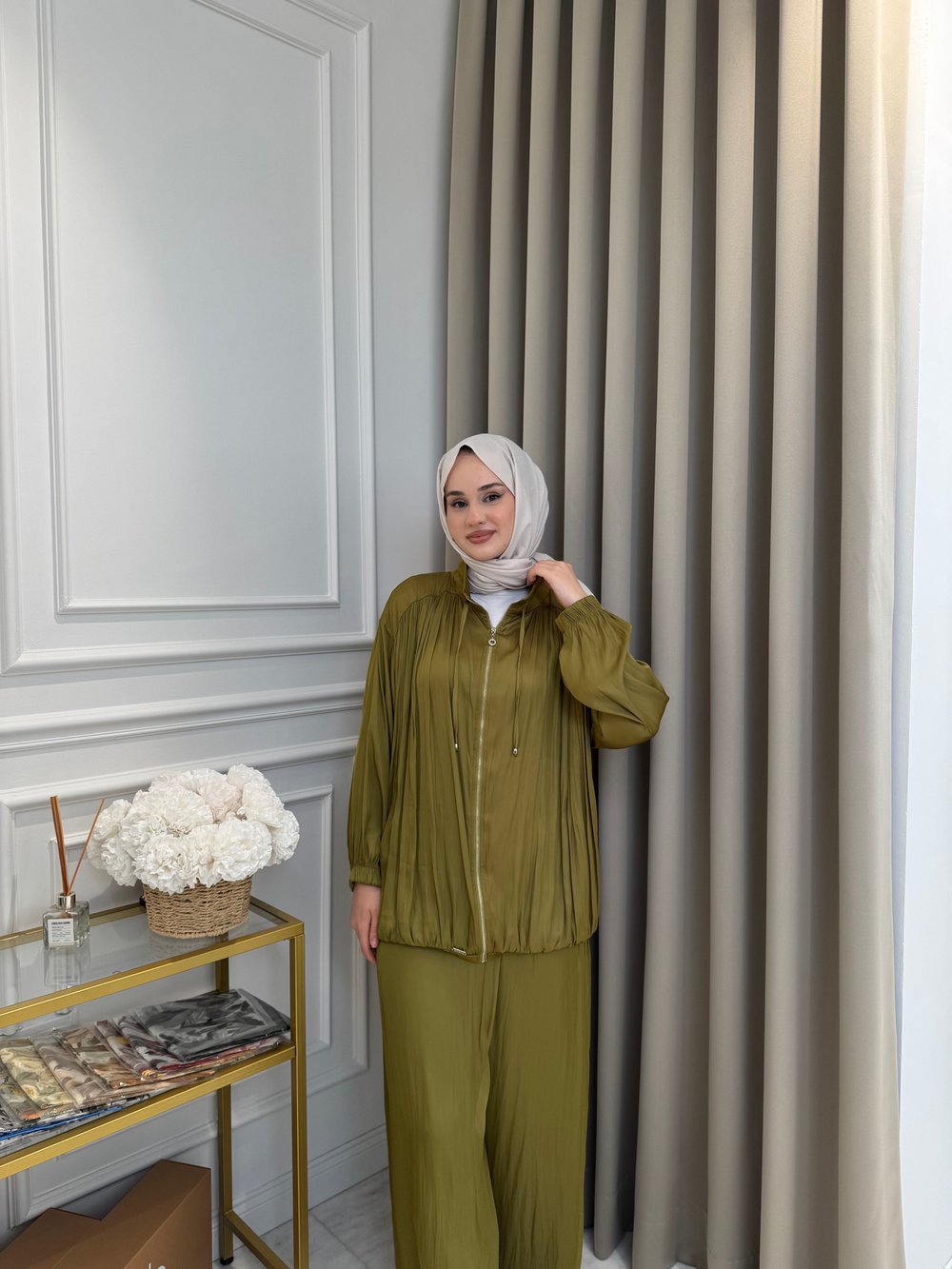 ALMARWAH Saten Üçlü Pantolon Takım Yeşil
