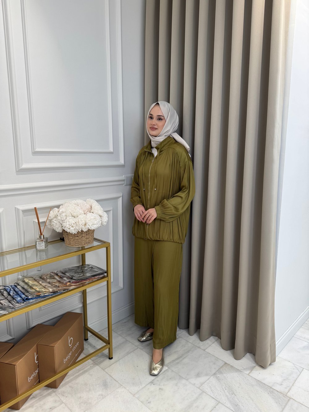 ALMARWAH Saten Üçlü Pantolon Takım Yeşil