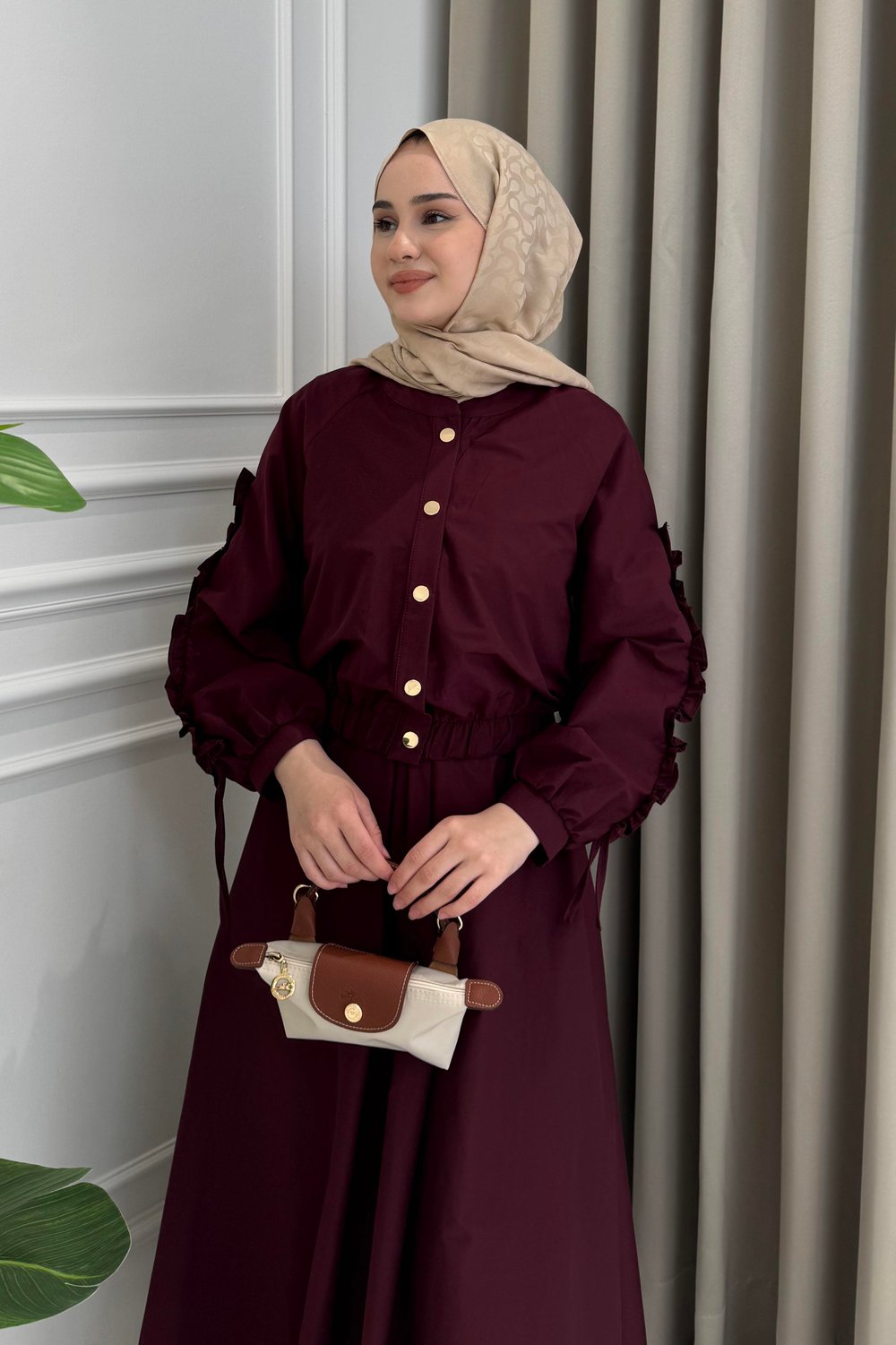 Kol Büzgülü Jileli Elbise Takım Bordo