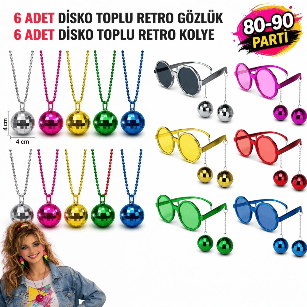 12 Parça 80-90 Retro Parti Seti Disco Toplu Gözlük Ve Kolye