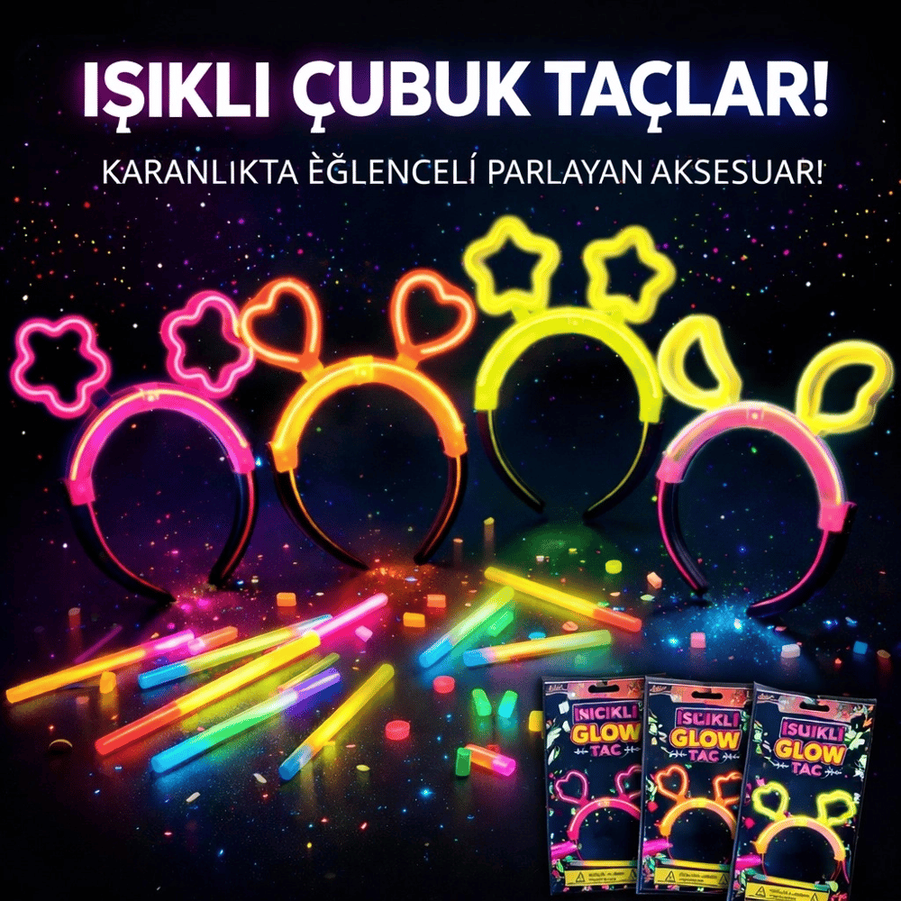 Karanlıkta Parlayan Glow Taç Seti 12 Adet – Yıldız Kalp Ay Çiçek (her Model 3 Adet)