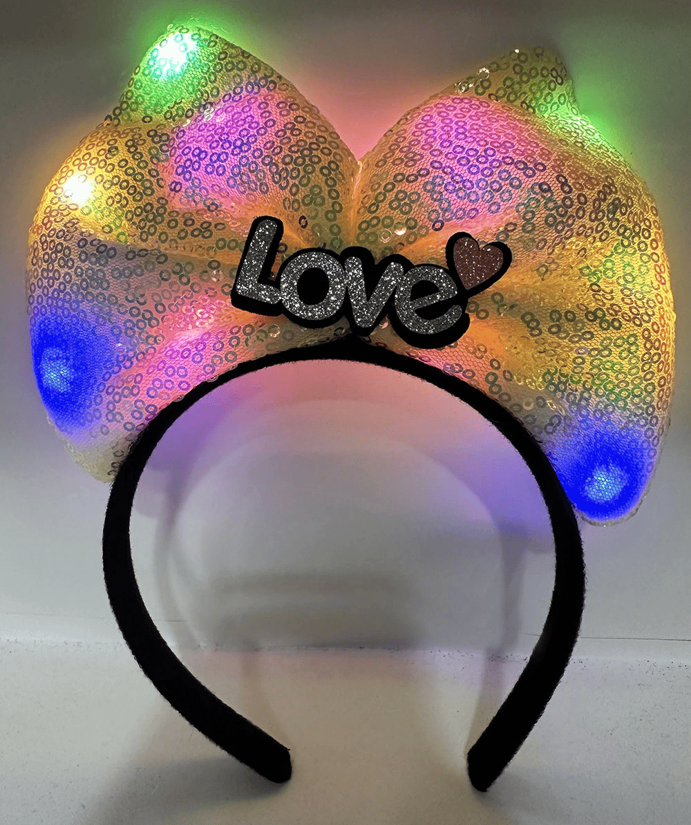 Led Işıklı 3 Farklı Fonksiyonda Yanan Gümüş Love Yazılı Sarı Fiyonk Taç 20x17 Cm