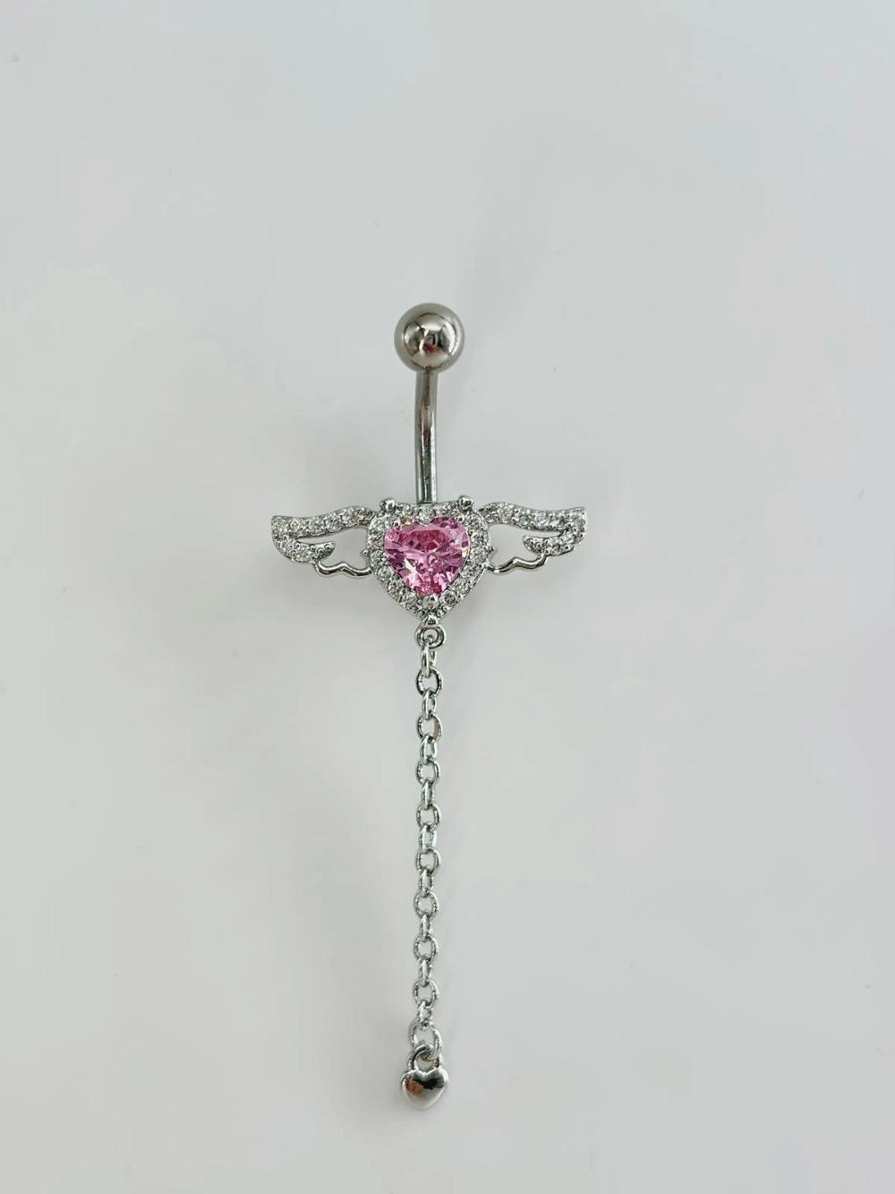 Melek Kanatlı  Pembe Taşlı Kalp Detaylı Sallantılı  Göbek Piercing