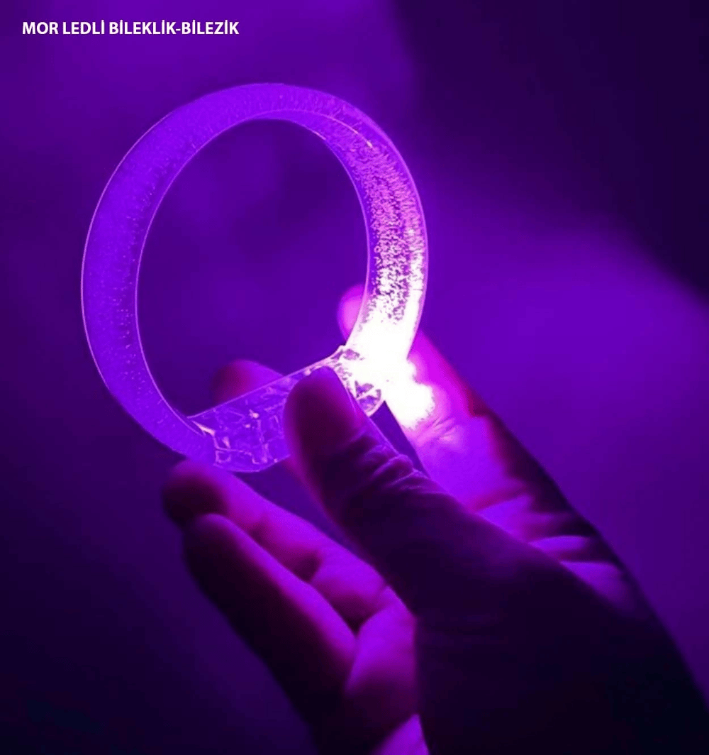 Mor Led Işıklı Baskı Yapılabilen Pilli Bileklik Bilezik 1,5 Cm Genişlik