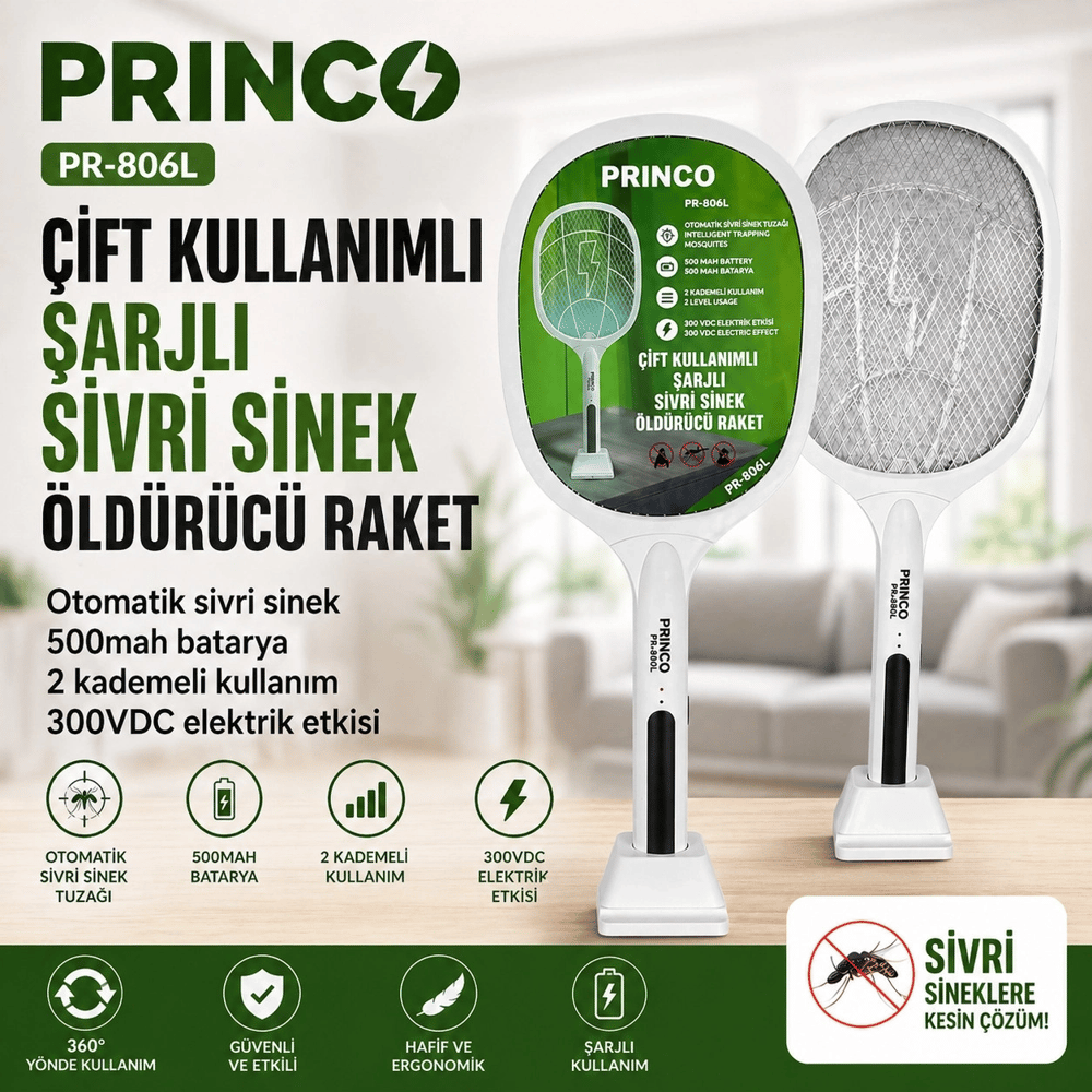 Princo Pr-806l Çift Kullanımlı Şarjlı Sivri Sinek Öldürücü Raket