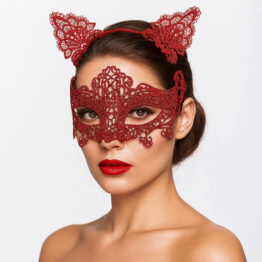 Romantik Kırmızı Dantel Maske Seti – Kedi Kulaklı Taç Ve Maske 3 No