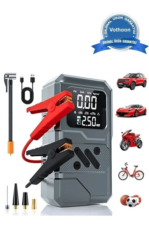 St-9654 Şarjlı 10.000 Mah Taşınabilir Araç Hava Kompresörü Akü Takviyeli Dijital Ekranlı Işıklı