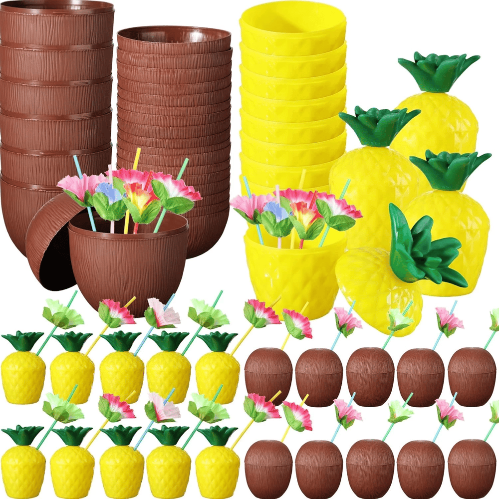 Tropikal Parti Bardak Seti – Ananas Ve Hindistan Cevizi Şekilli Pipetli Bardaklar (20 Adet)