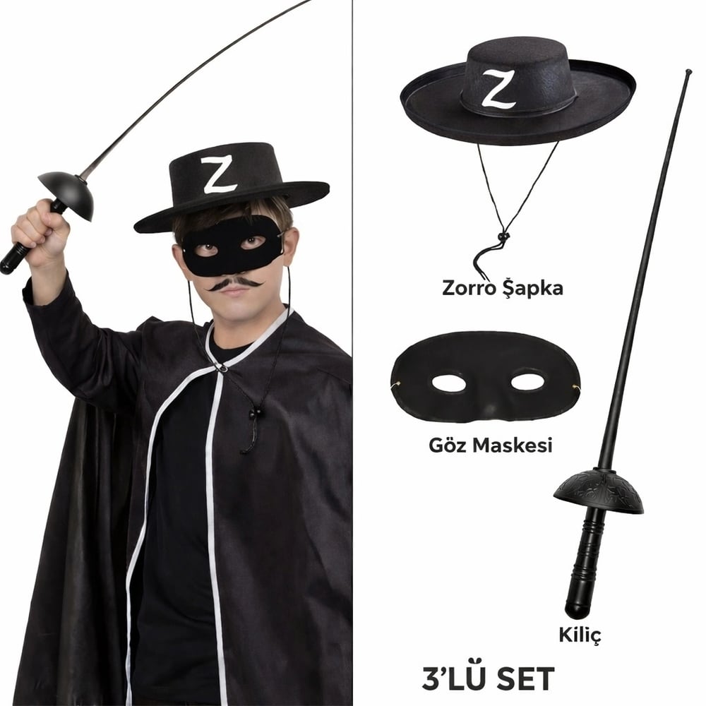 Zorro Kostüm Seti 3’lü Çocuk – Şapka, Maske Ve Kılıç