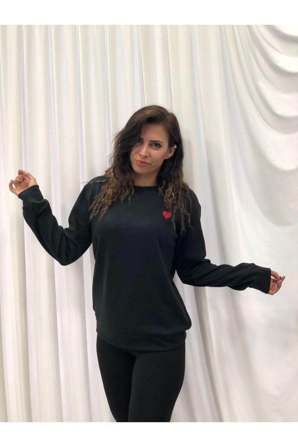 Kalp Nakışlı Bisiklet Yaka Oversize Sweatshirt (Ktn)