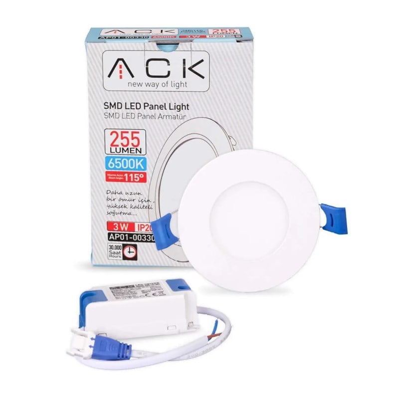 ACK 3 W Led Panel - Beyaz Işık (6500K) - Beyaz Kasa - Yuvarlak - Sıva Altı - AP01-00330