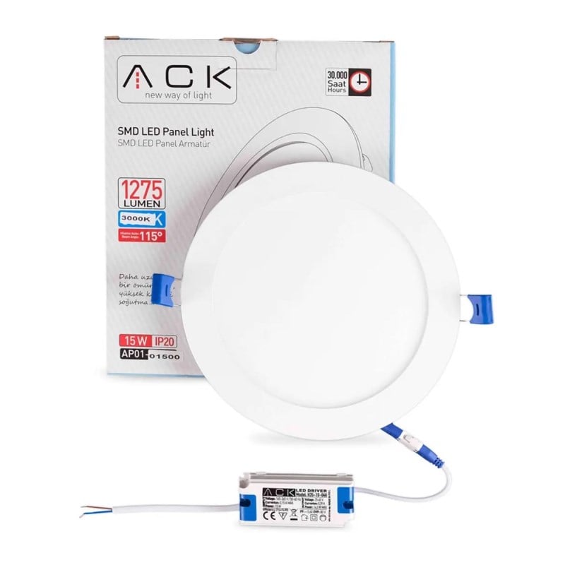 ACK 15 W Led Panel - Gün Işığı (3000K) - Beyaz Kasa - Yuvarlak - Sıva Altı - AP01-01500