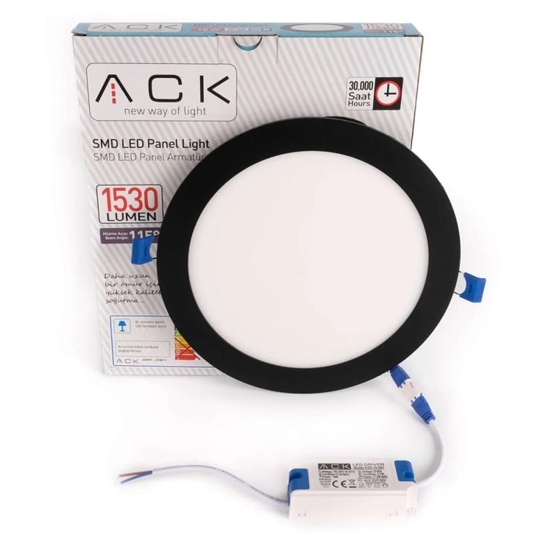 ACK 18 W Led Panel - Beyaz Işık (6500K) - Siyah Kasa - Yuvarlak - Sıva Altı - AP01-01831