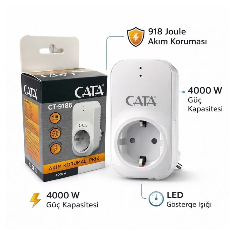 CATA 4000 W Akım Korumalı Topraklı Priz - 918 Joule - Beyaz - CT-9186