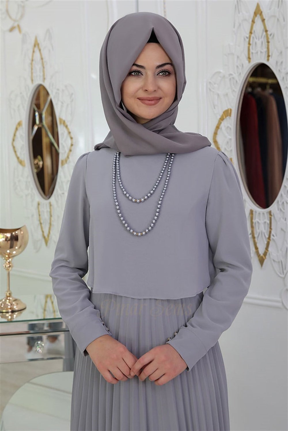 Pınar Şems İnci Piliseli Elbise Gri