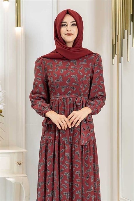 Pınar Şems Şal Desen Elbise Bordo