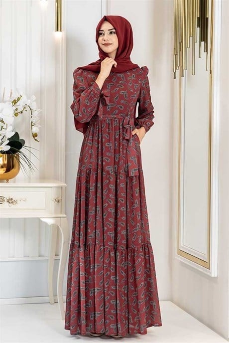 Pınar Şems Şal Desen Elbise Bordo