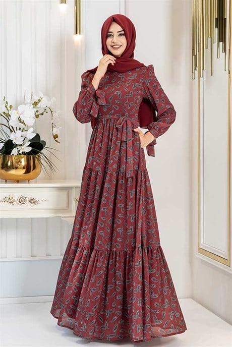 Pınar Şems Şal Desen Elbise Bordo