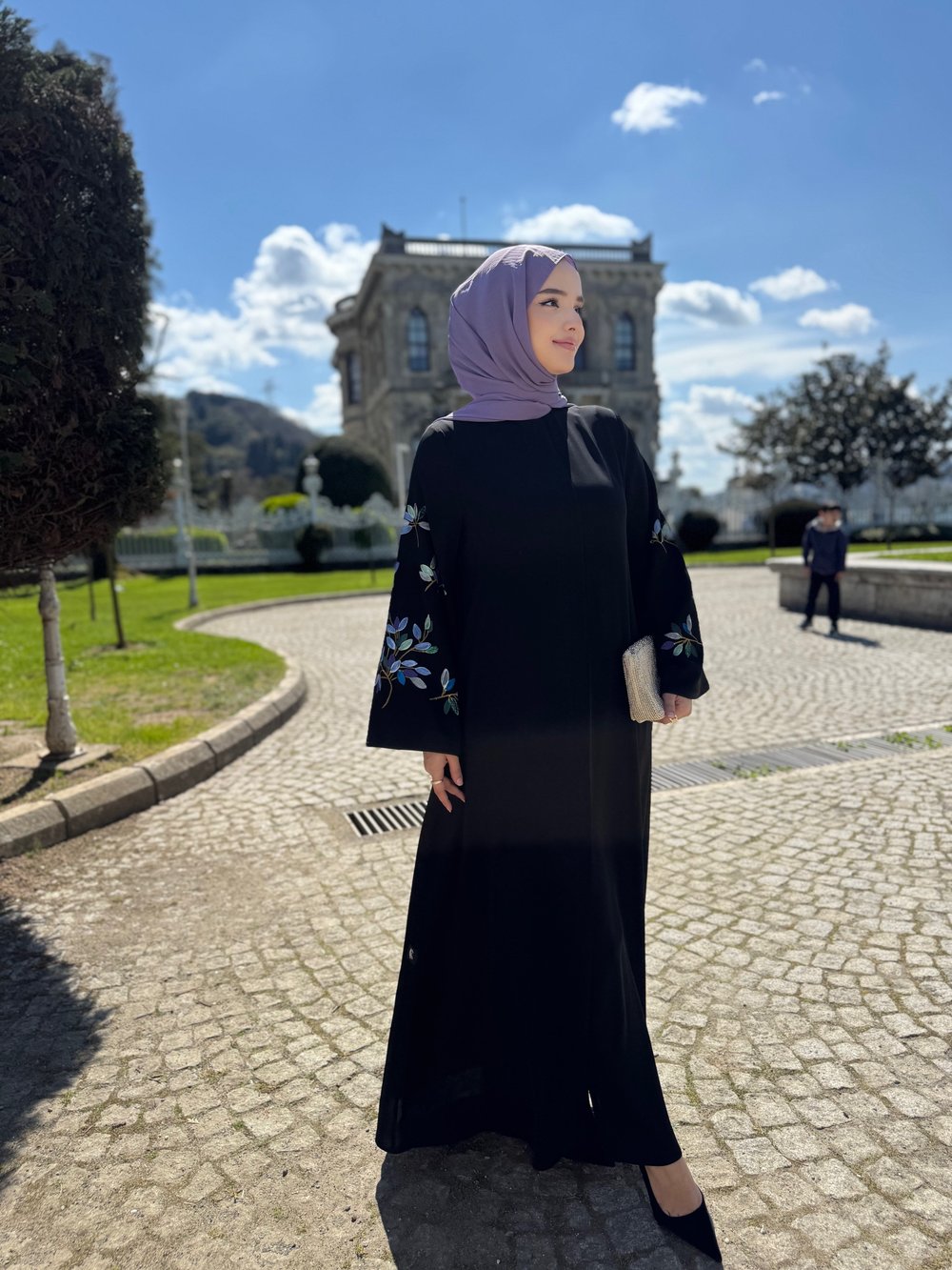 Gece Baharı El Boyaması Siyah Ferace