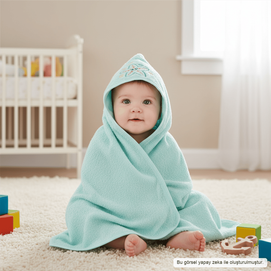 Unisex Yenidoğan Kapüşonlu Nakışlı Bebek Havlusu