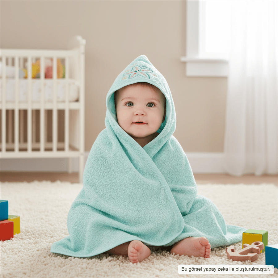Unisex Yenidoğan Kapüşonlu Nakışlı Bebek Havlusu