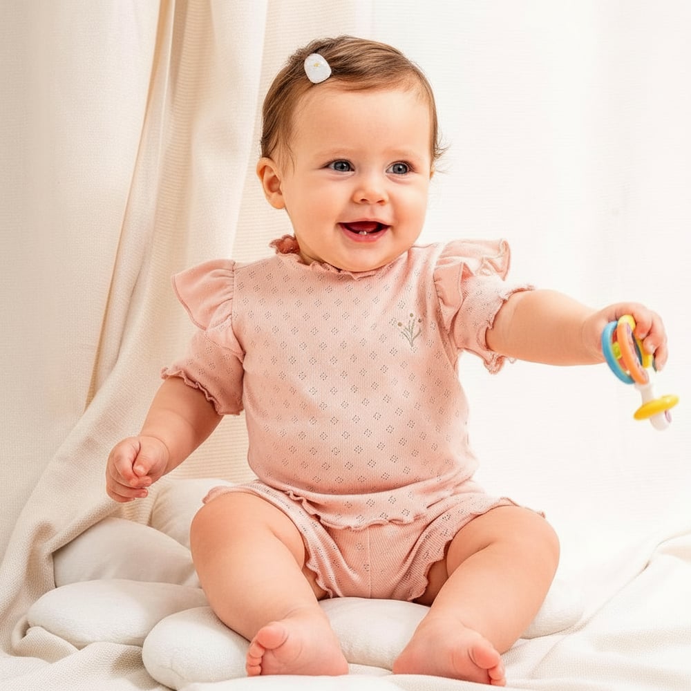 Kız Bebek Jakarlı Fırfırlı Nakış İşlemeli Kısa Kollu Şortlu 2li Takım  