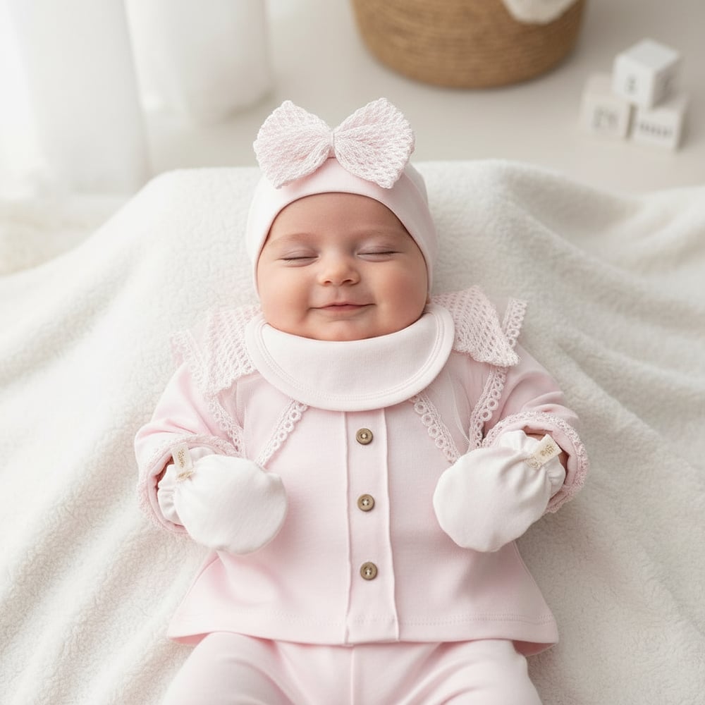 Kız Bebek Organik Pamuklu Uzun Kollu İşlemeli 5li Set