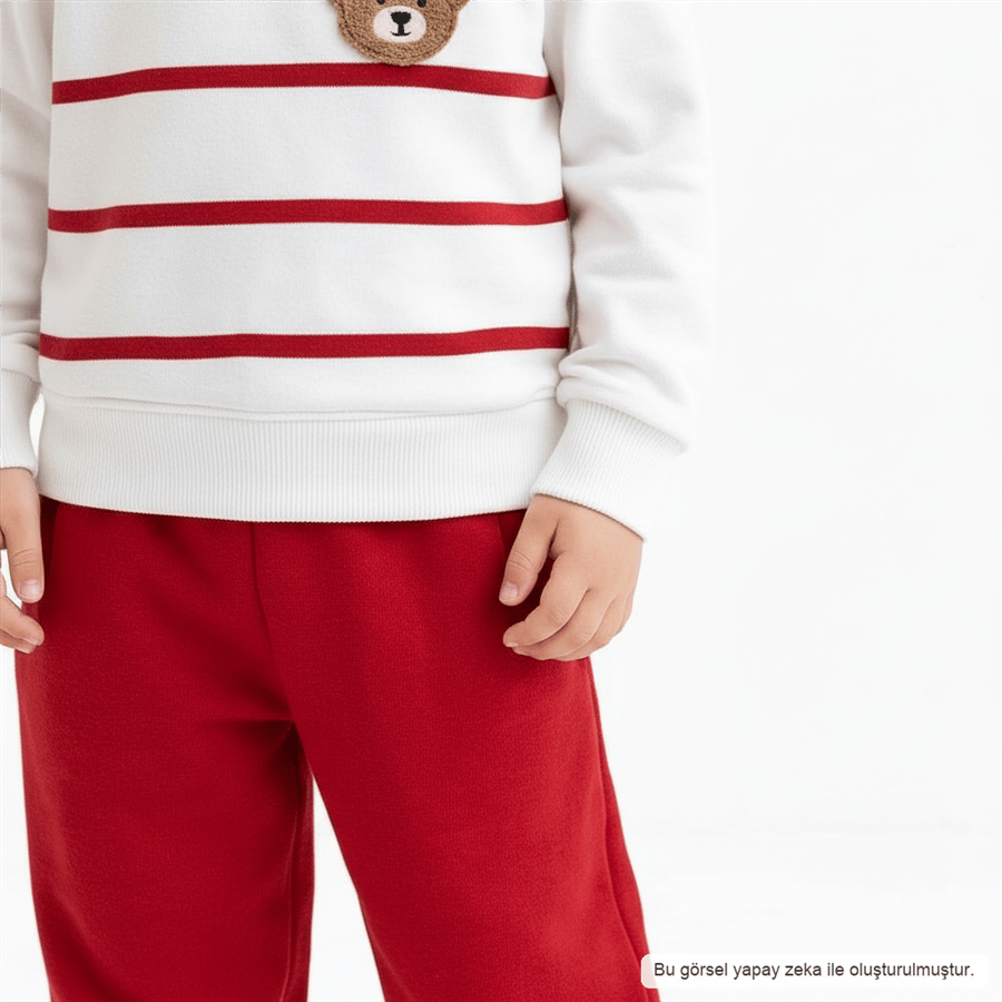 Erkek Bebek Çizgili Sweatshirt ve Kırmızı Eşofman Takımı