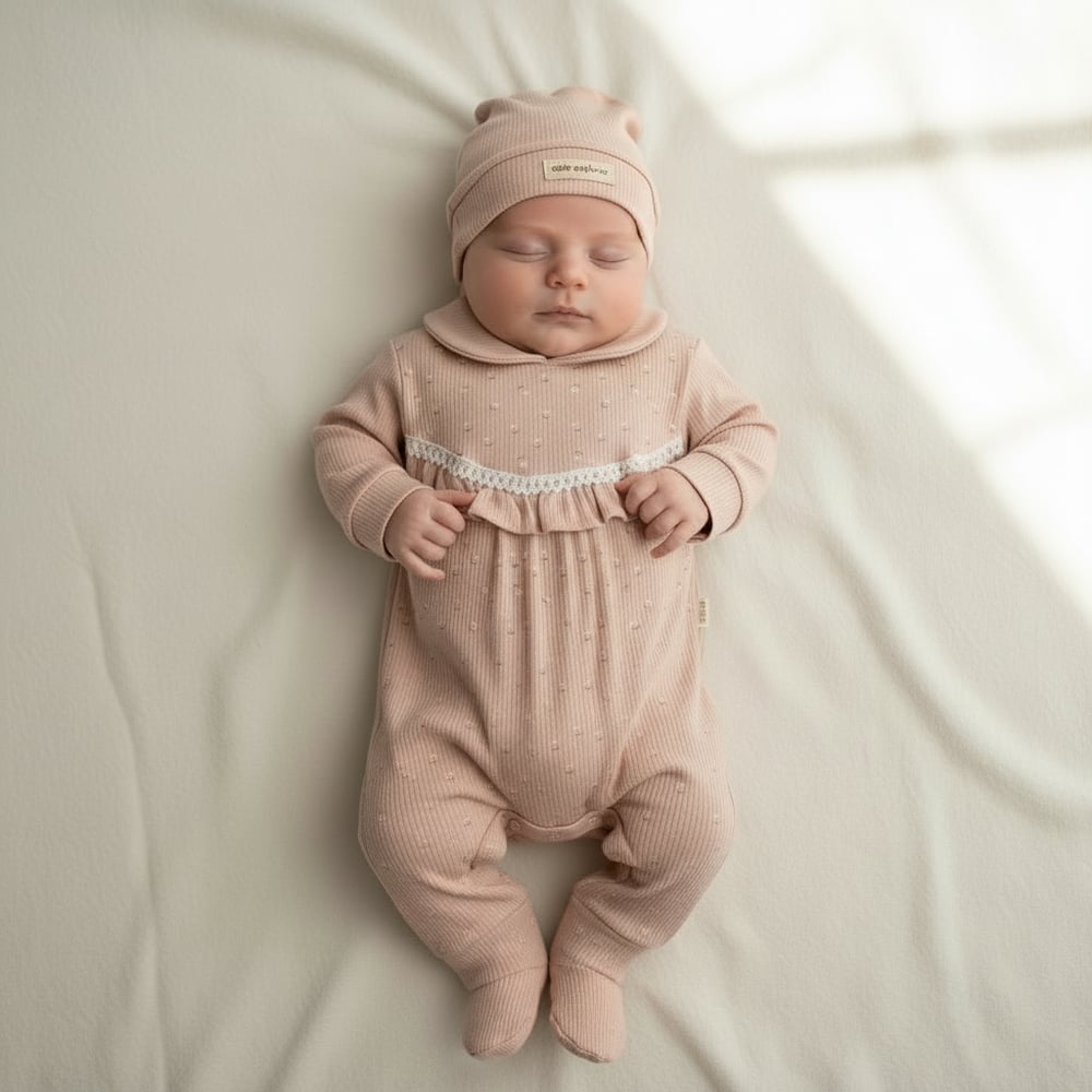 Kız Bebek Uzun Kollu Bereli Fırfırlı 2li Tulum Takım