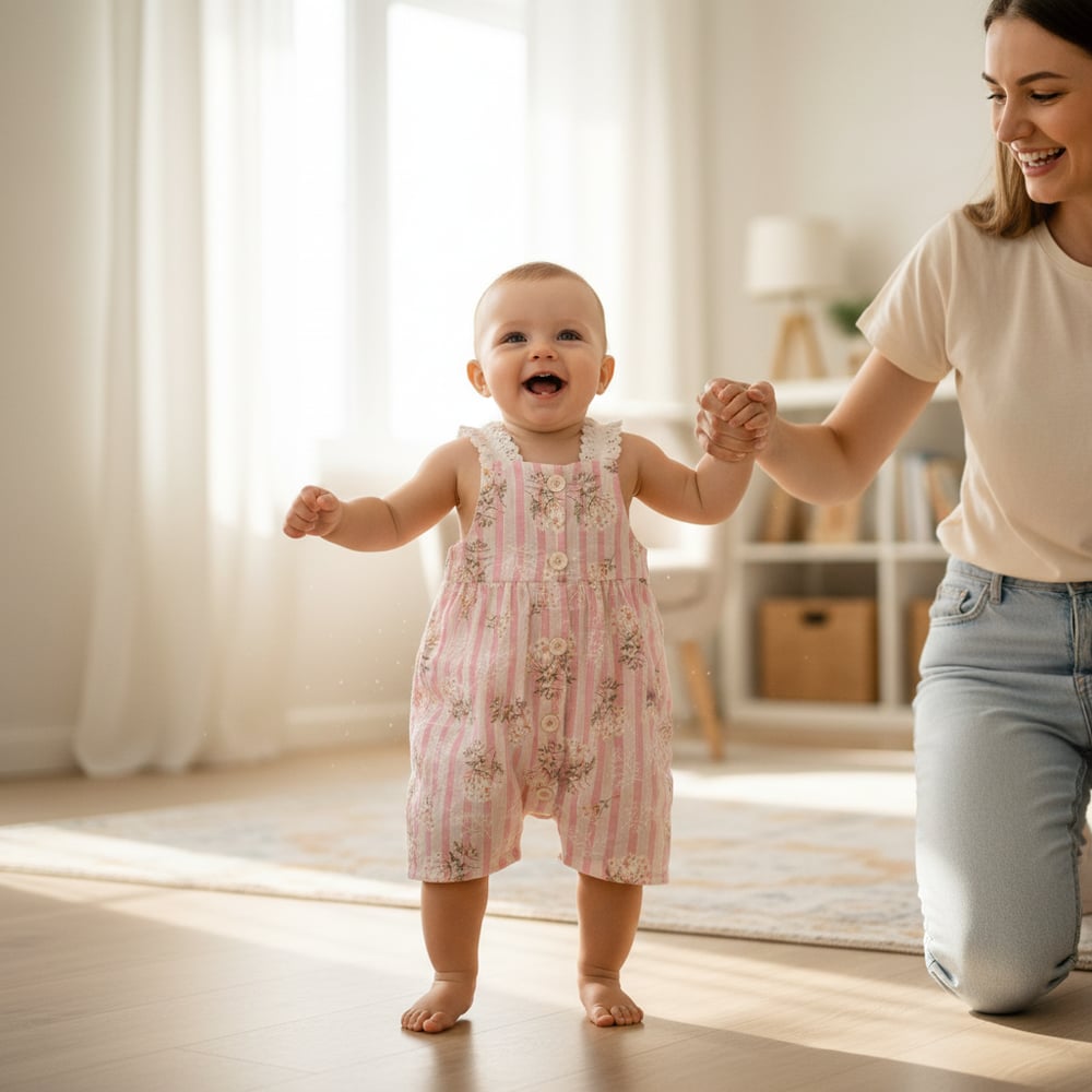 Kız Bebek Çiçek Desenli Askılı Sıfır Kollu Kısa Tulum