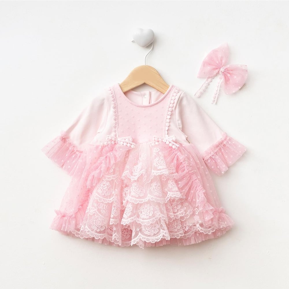 Kız Bebek Tüllü Elbise Bandana Toka Seti 0-9 Ay