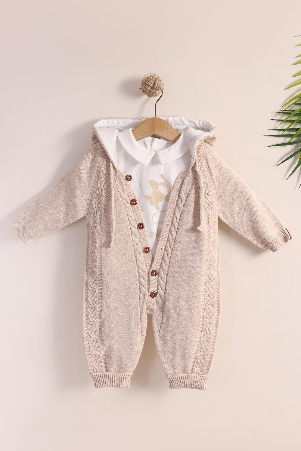 Erkek Bebek Tulum / SalopetBej Örme Erkek Bebek Kapüşonlu Tulum - Yün İçerikli Kışlık Body Tulum Set