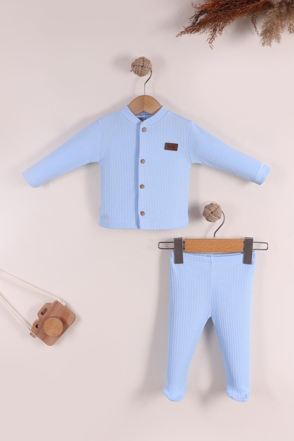 Erkek Bebek TakımMavi Kız Erkek Bebek Takım Unisex Yenidoğan 0-3 Ay Ribana Kumaş Patikli Takım