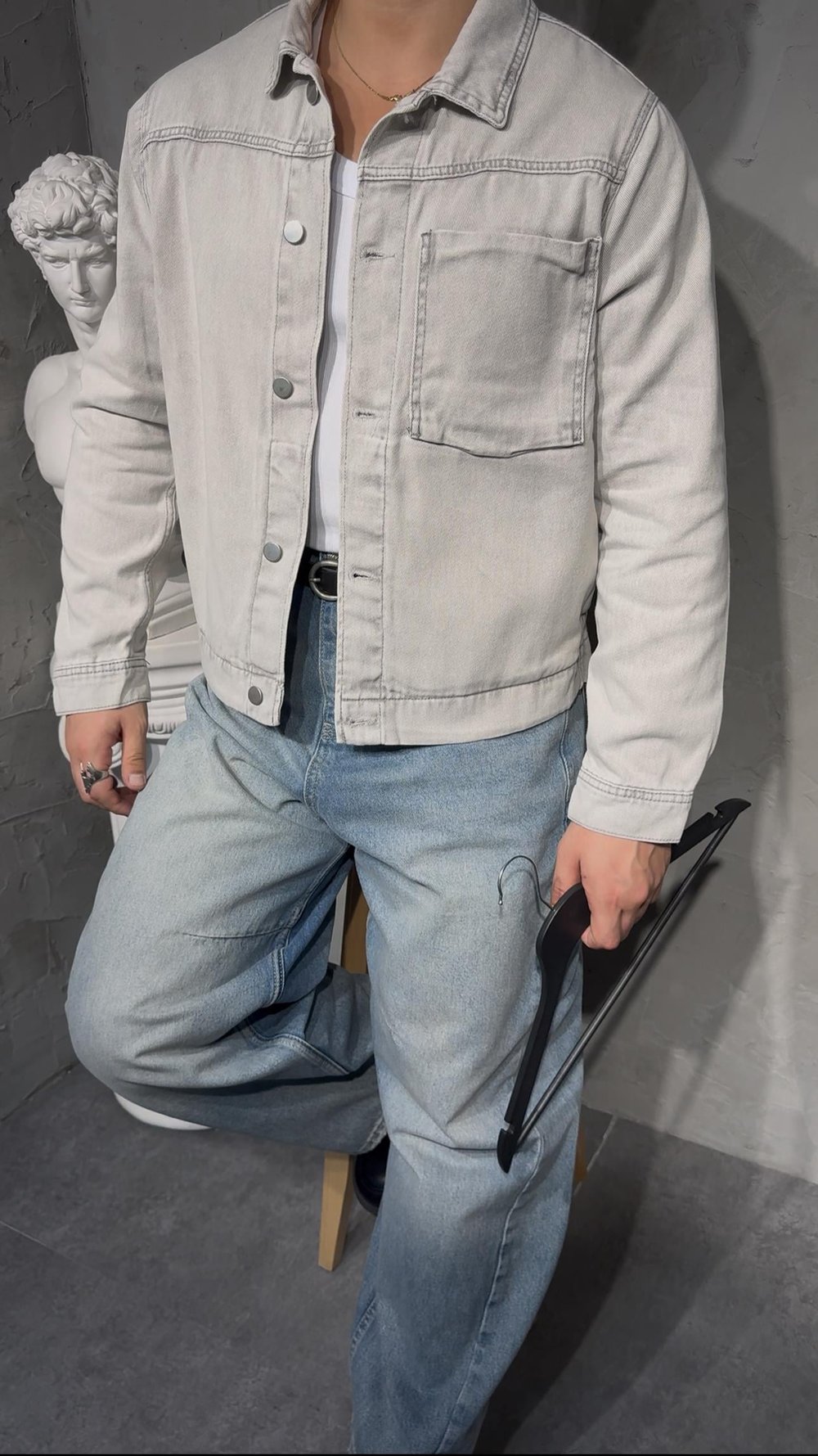 DENIM EFFECT CEPLİ OVERSHİRT KOT CEKET ( AÇIK TAŞ GRİ )