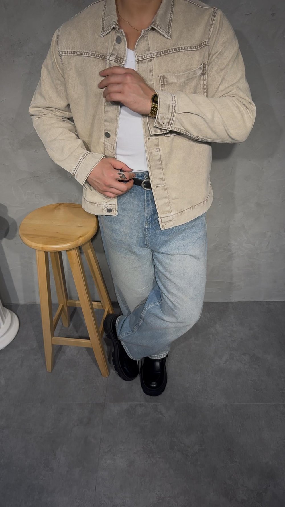 DENIM EFFECT CEPLİ OVERSHİRT KOT CEKET ( TAŞ GRİ )
