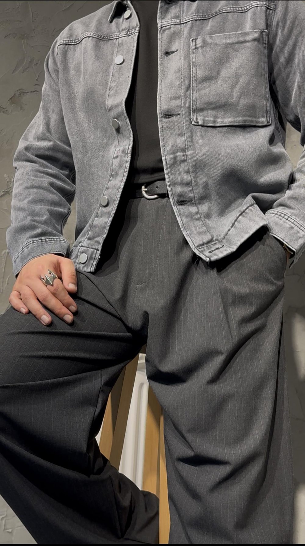 DENIM EFFECT CEPLİ OVERSHİRT KOT CEKET ( KOYU TAŞ GRİ )
