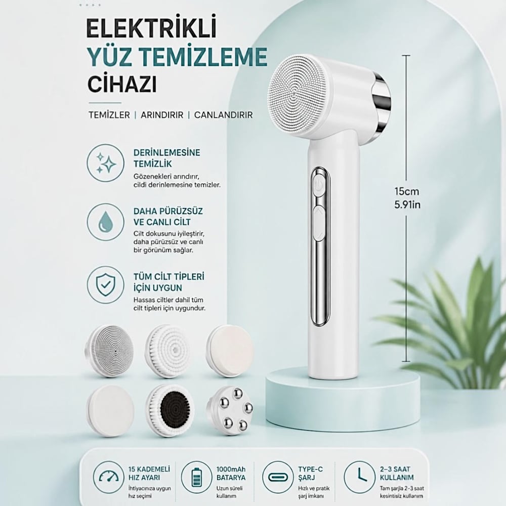  Yüz Temizleme Bakım Masaj Cihazı 15 Kademeli LED Ekran Peeling Cilt Bakımı Şarjlı