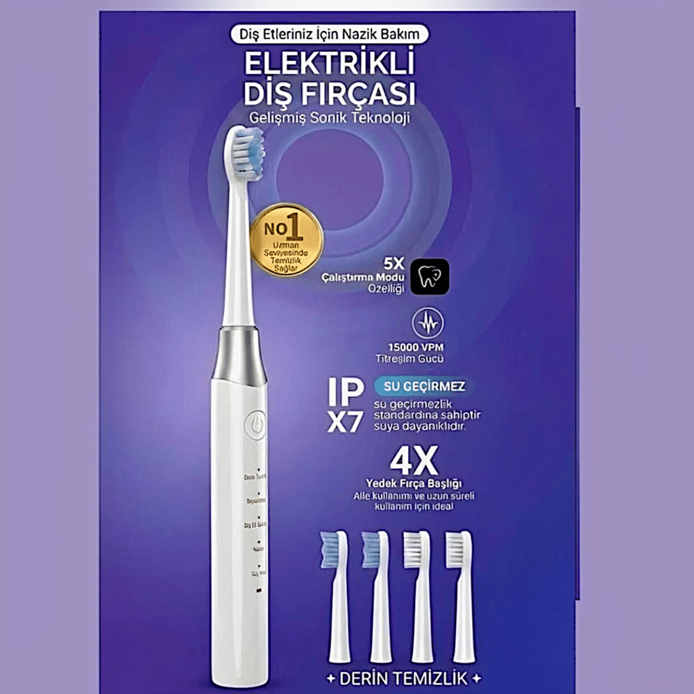 AMF13 Beyaz Şarjlı Elektrikli Diş Fırçası 5 Modlu IPX7 Su Geçirmez 4 Yedek Başlıklı Set 