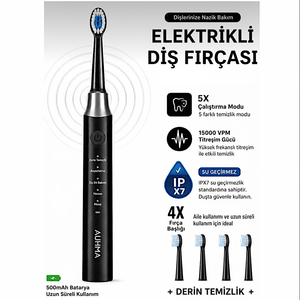 AMF13 Siyah Şarjlı Elektrikli Diş Fırçası 5 Modlu IPX7 Su Geçirmez 4 Yedek Başlıklı Set 