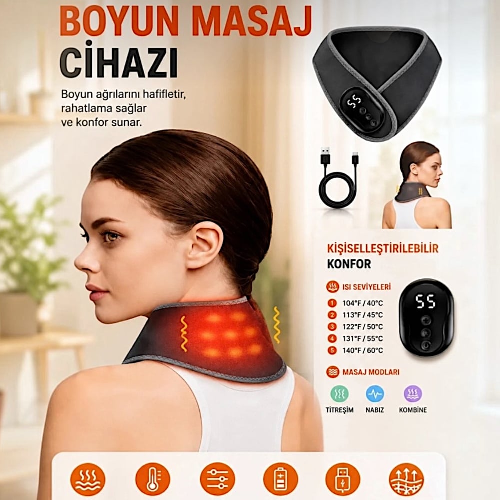 Auhma AMG41 Isı Teknolojili Boyun Masaj Aleti Terapi 5 Kademeli Termal Sıcak Kompres Kablosuz 