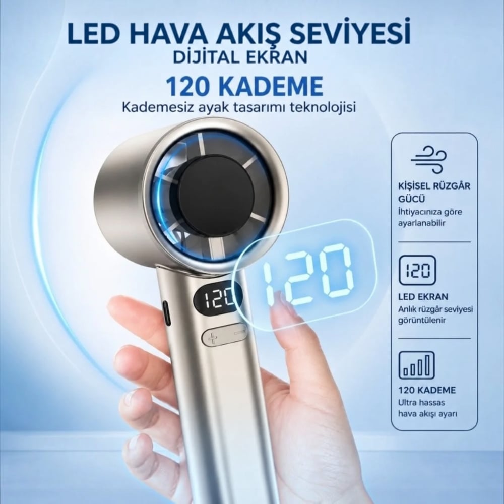 Dijital Göstergeli 14000 RPM Turbo Şarjlı El Fanı 5 Kademeli Taşınabilir Mini Vantilatör Cep Tipi Güçlü Soğutucu Gold Renk 