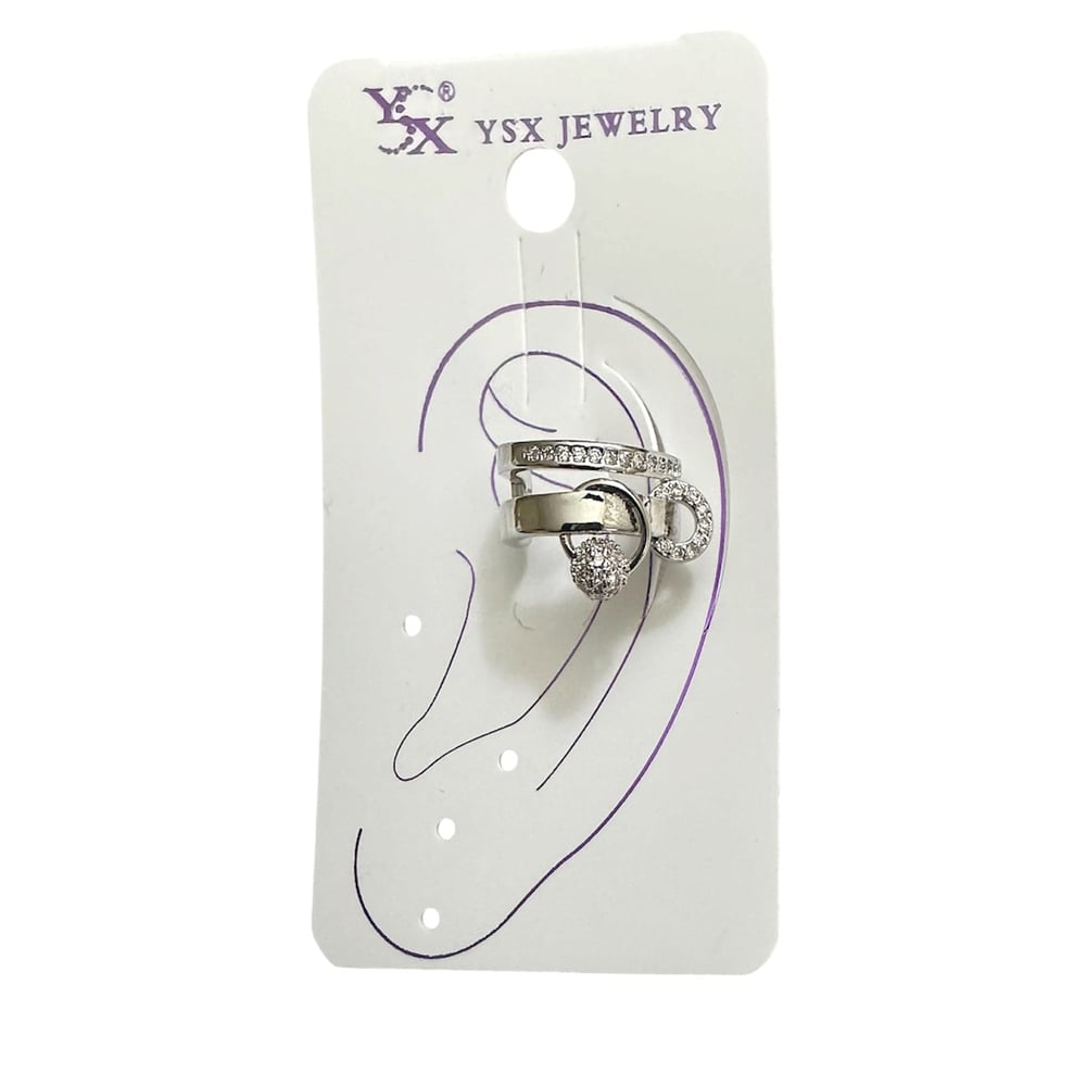 Earcuff Sıkıştırmalı Çelik Kıkırdak Küpe Çift Sıra Bantlı Halka Detaylı Zirkon Taşlı Gümüş Renk         