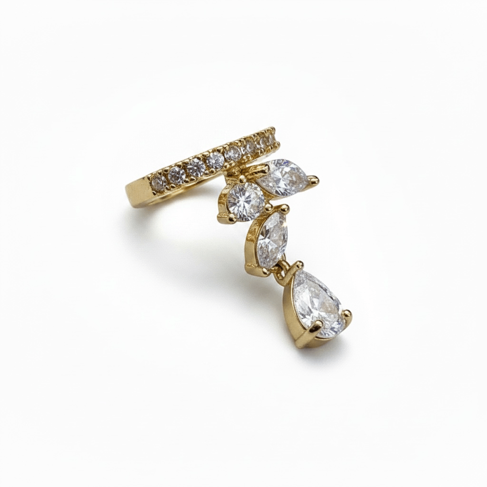 Earcuff Sıkıştırmalı Pirinç Kıkırdak Küpe Damla Kesim Baget Taş Sallantılı Altın Renk         