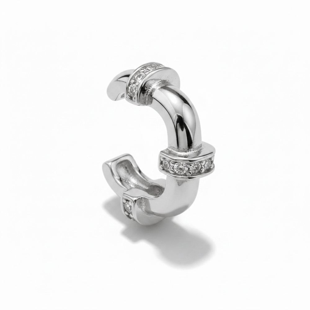 Earcuff Sıkıştırmalı Pirinç Kıkırdak Küpe Kare Zirkon Taşlı Gümüş  Renk         
