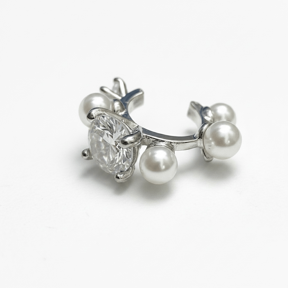 Earcuff Sıkıştırmalı Pirinç Kıkırdak Küpe İncili Taşlı Gümüş Renk         