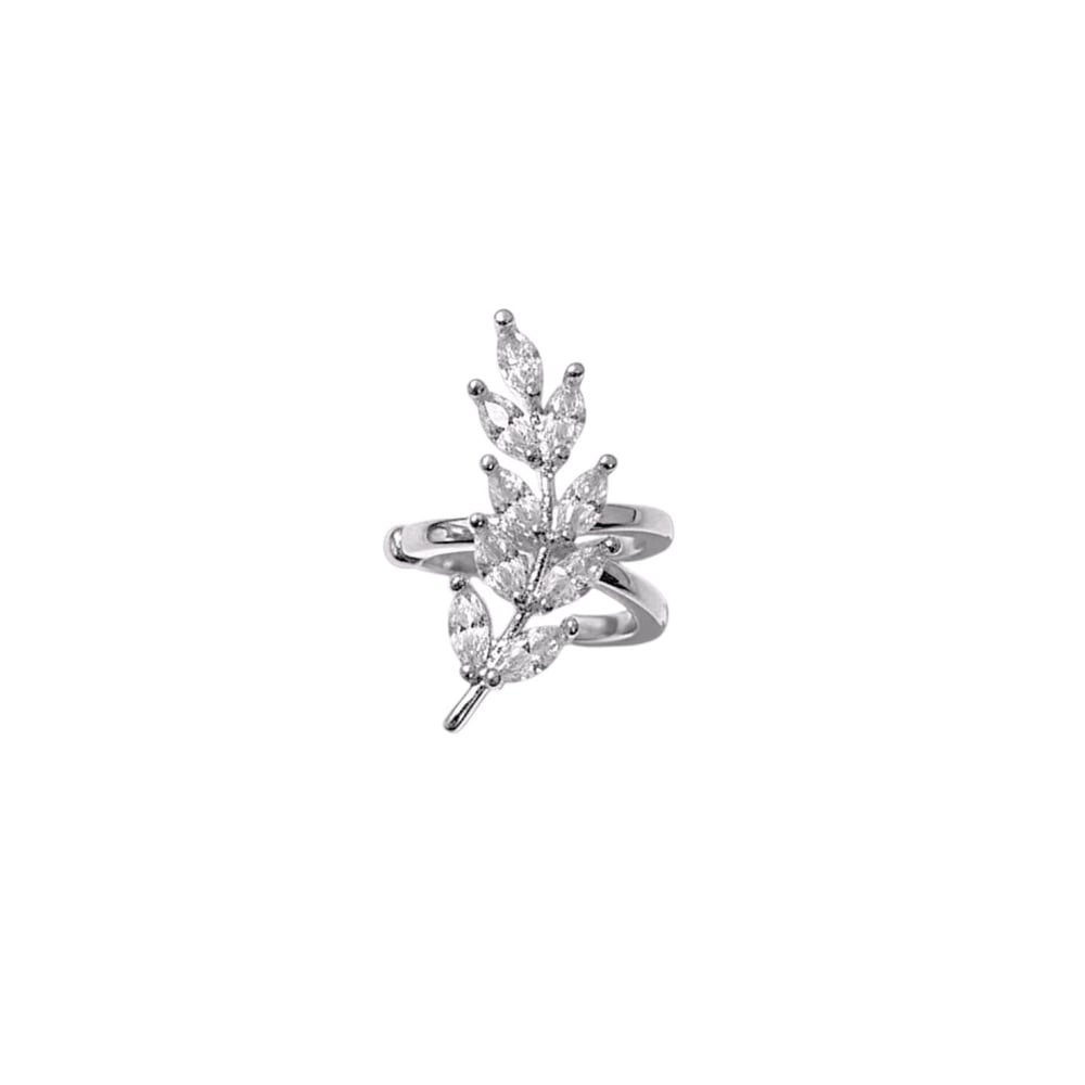 Earcuff Sıkıştırmalı Pirinç Kıkırdak Küpe Yaprak Detaylı Baget Taşlı  Gümüş Renk         