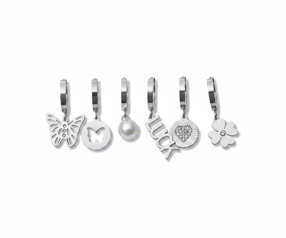 Kadın Çelik Luck Detaylı 6 Adet Küpe Set Gümüş Renk