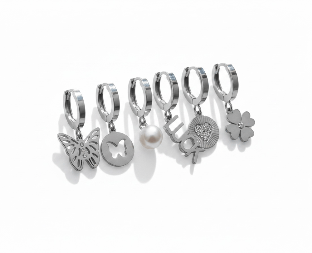 Kadın Çelik Luck Detaylı 6 Adet Küpe Set Gümüş Renk