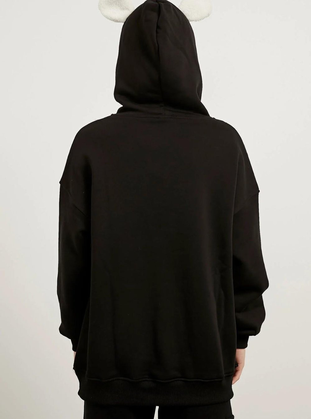 Kapüşonlu Şardonlu Nakışlı Kulaklı Sweatshirt Siyah